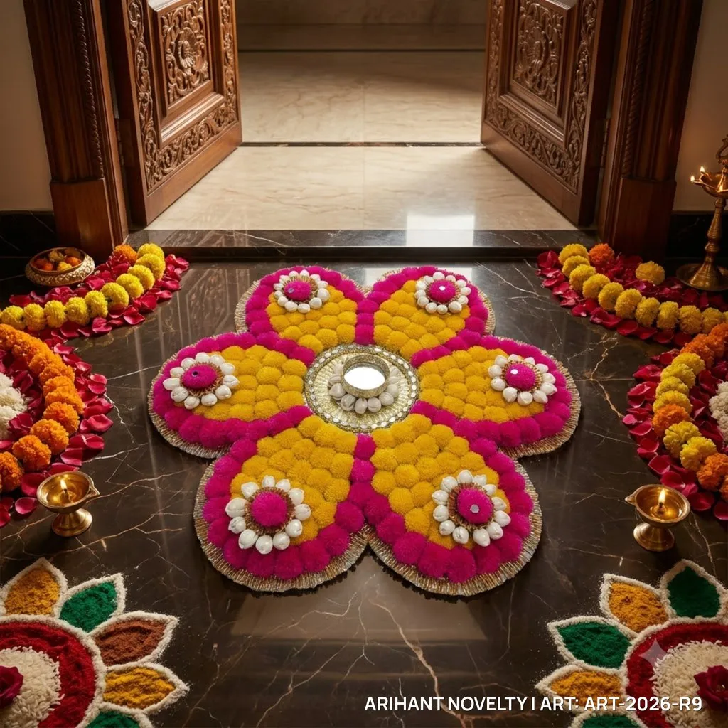 Pom-Pom Flower Rangoli – handmade Rangoli rakhi from Bikaner by Arihant Novelty