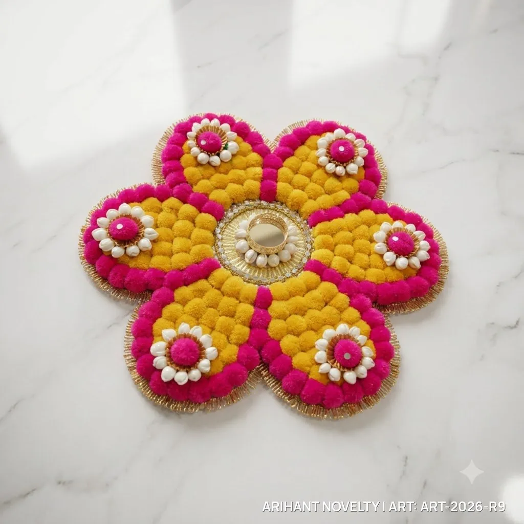 Pom-Pom Flower Rangoli – handmade Rangoli rakhi from Bikaner by Arihant Novelty