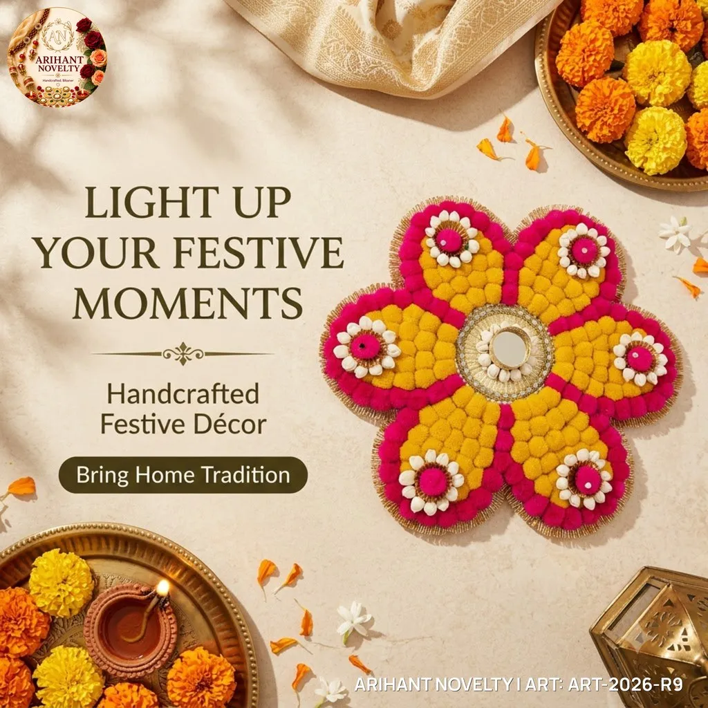 Pom-Pom Flower Rangoli – handmade Rangoli rakhi from Bikaner by Arihant Novelty