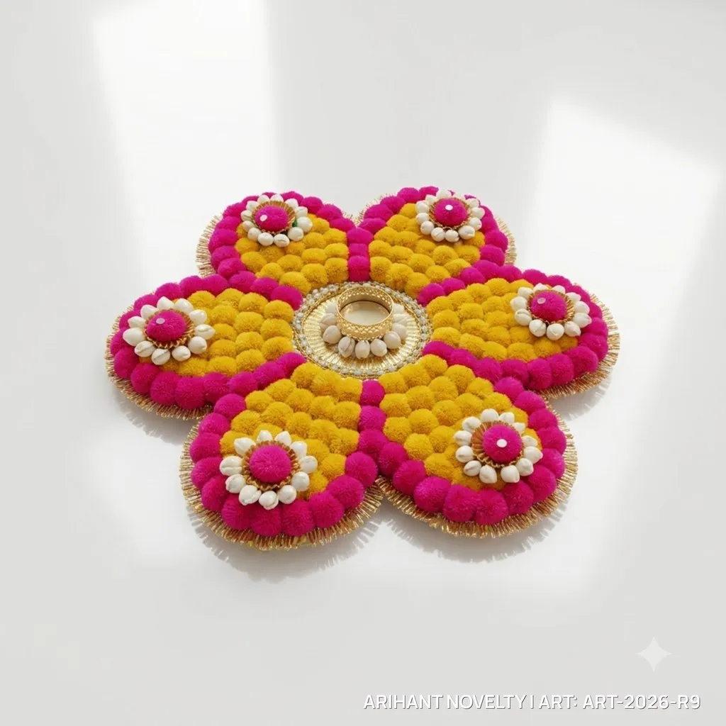 Pom-Pom Flower Rangoli – handmade Rangoli rakhi from Bikaner by Arihant Novelty
