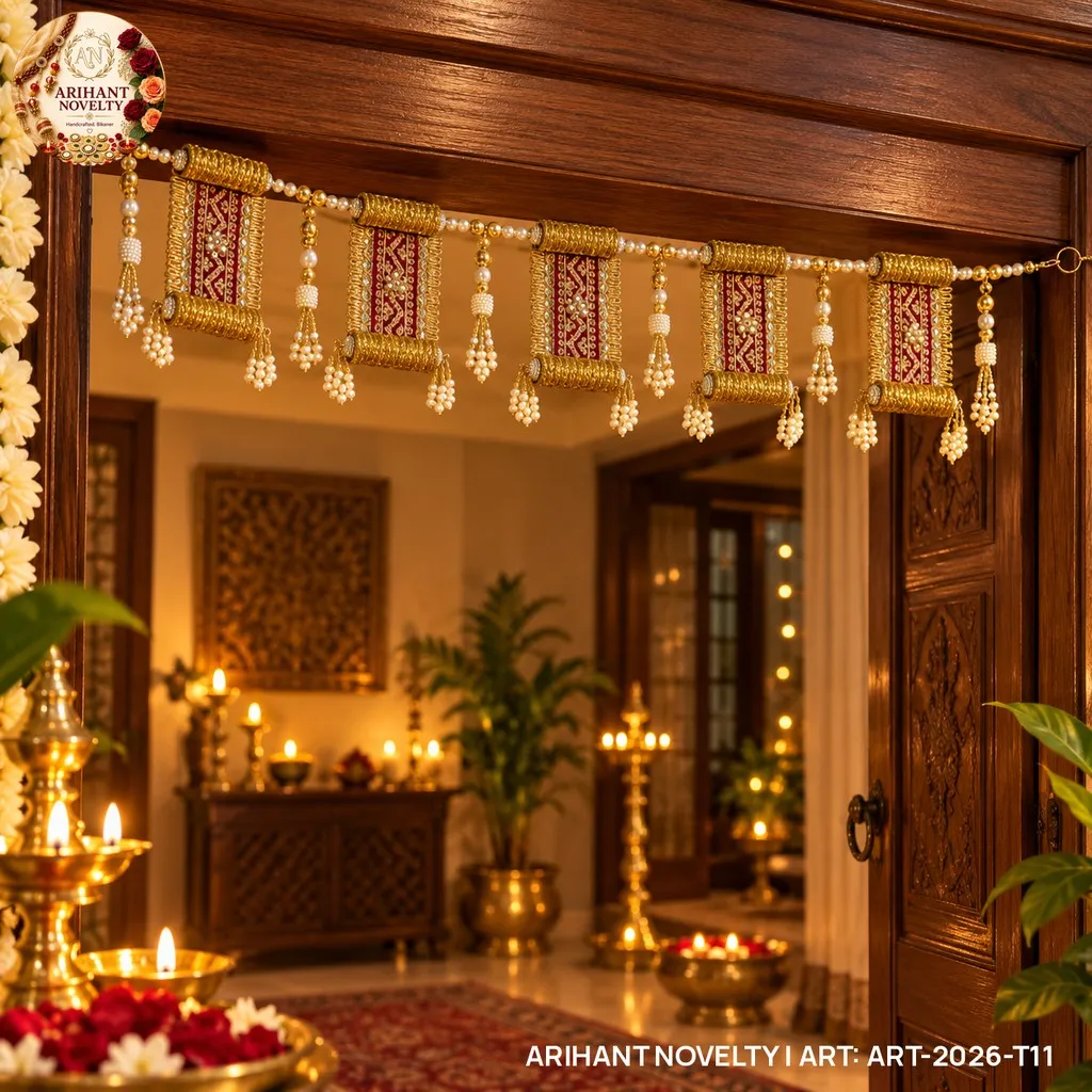 Zari Scroll Panel Toran with Pearl Tassels – handmade Toran rakhi from Bikaner by Arihant Novelty