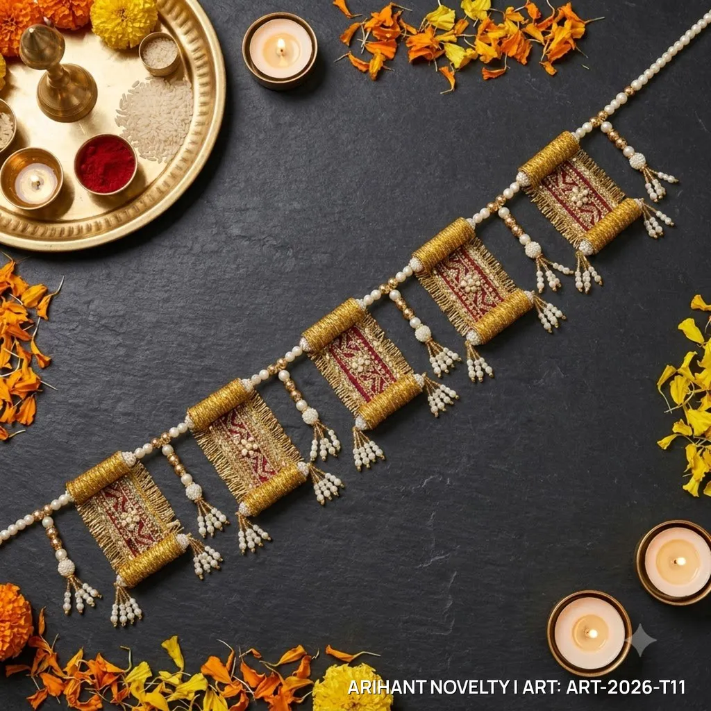 Zari Scroll Panel Toran with Pearl Tassels – handmade Toran rakhi from Bikaner by Arihant Novelty