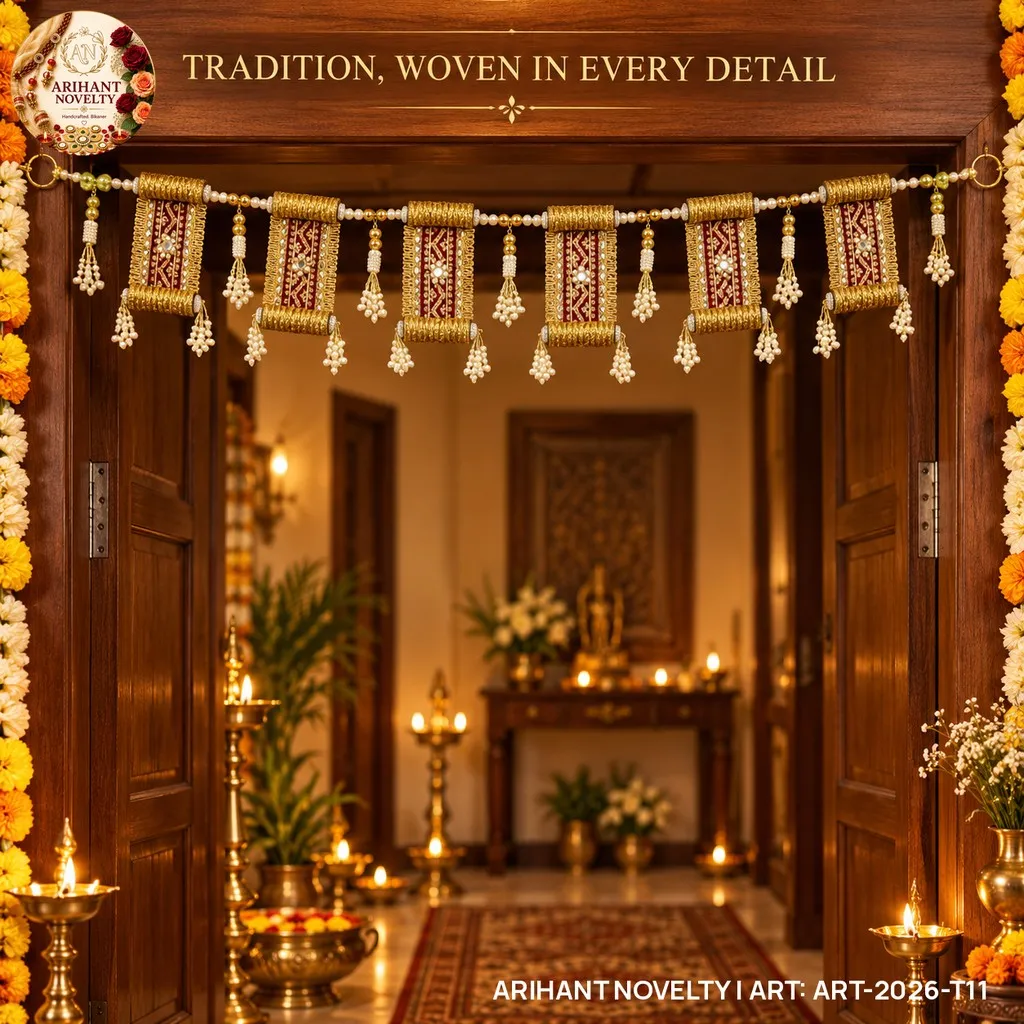 Zari Scroll Panel Toran with Pearl Tassels – handmade Toran rakhi from Bikaner by Arihant Novelty
