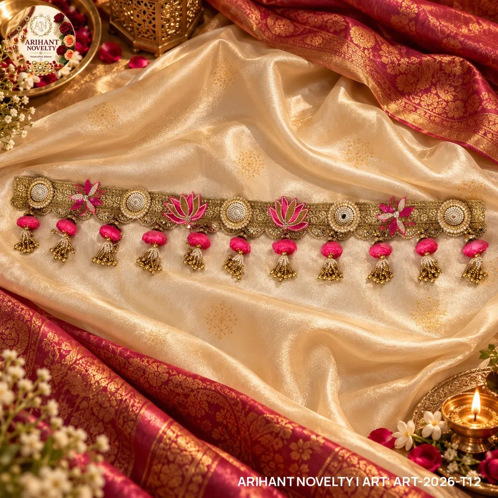 Pink Lotus Pearl Tassel Toran – handmade Toran rakhi from Bikaner by Arihant Novelty