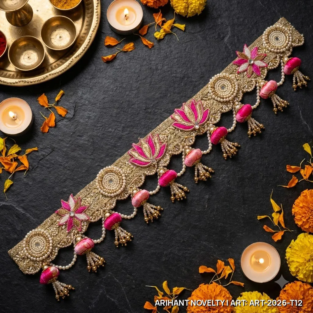 Pink Lotus Pearl Tassel Toran – handmade Toran rakhi from Bikaner by Arihant Novelty
