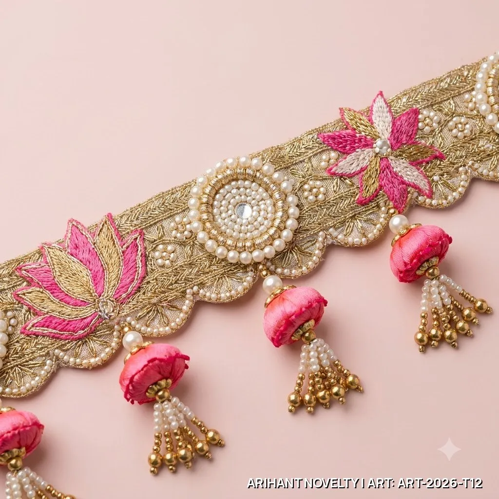 Pink Lotus Pearl Tassel Toran – handmade Toran rakhi from Bikaner by Arihant Novelty