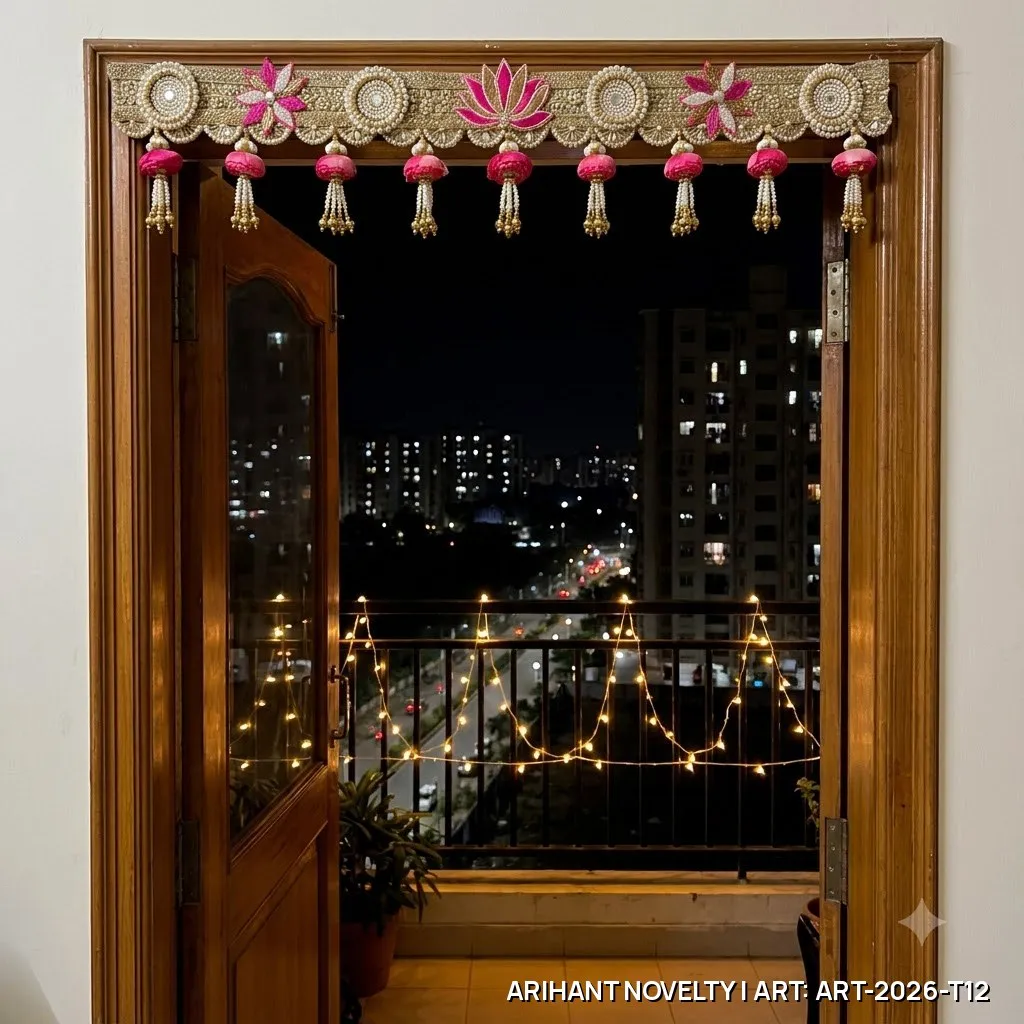 Pink Lotus Pearl Tassel Toran – handmade Toran rakhi from Bikaner by Arihant Novelty