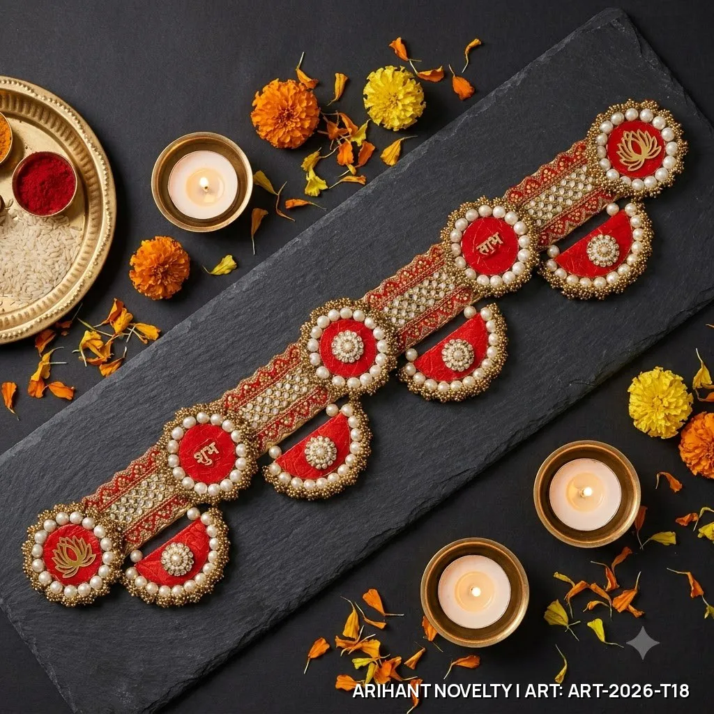 Red Gold Shubh-Labh Lotus Toran – handmade Toran rakhi from Bikaner by Arihant Novelty