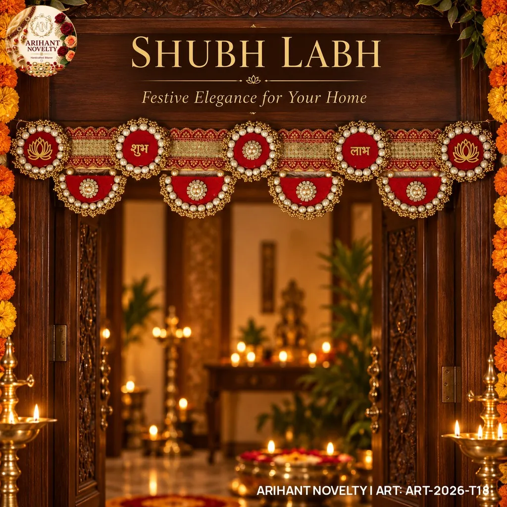 Red Gold Shubh-Labh Lotus Toran – handmade Toran rakhi from Bikaner by Arihant Novelty