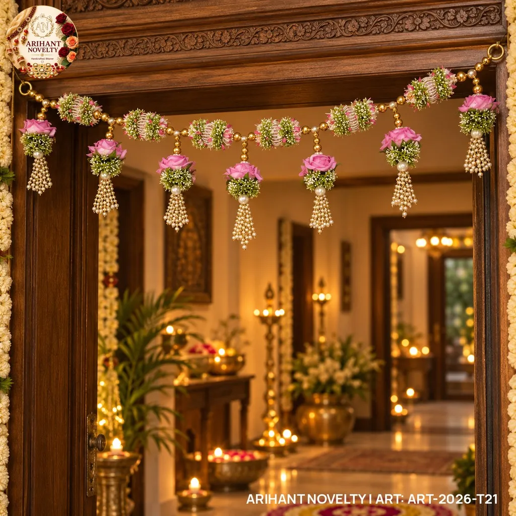 Pink Rose Pearl Garland Toran – handmade Toran rakhi from Bikaner by Arihant Novelty
