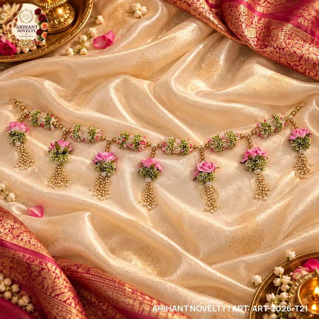 Pink Rose Pearl Garland Toran – handmade Toran rakhi from Bikaner by Arihant Novelty