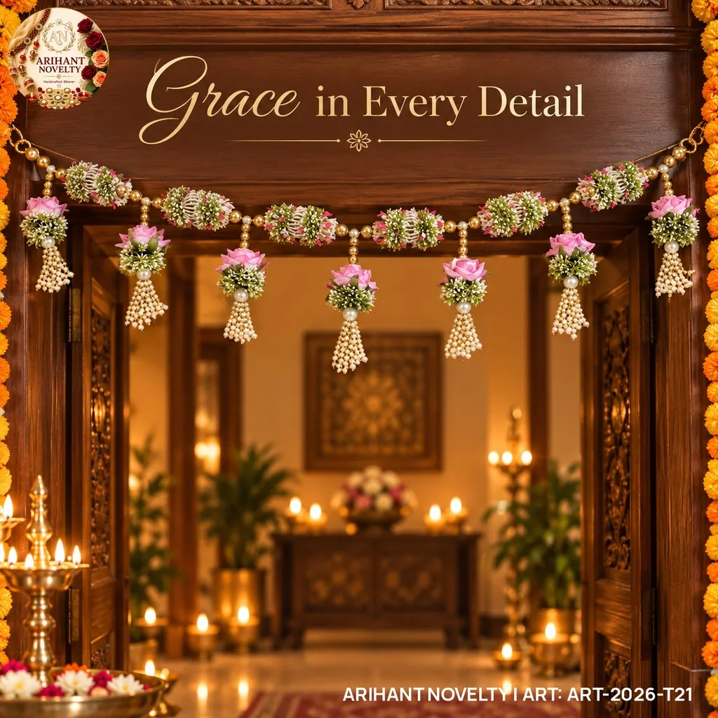 Pink Rose Pearl Garland Toran – handmade Toran rakhi from Bikaner by Arihant Novelty