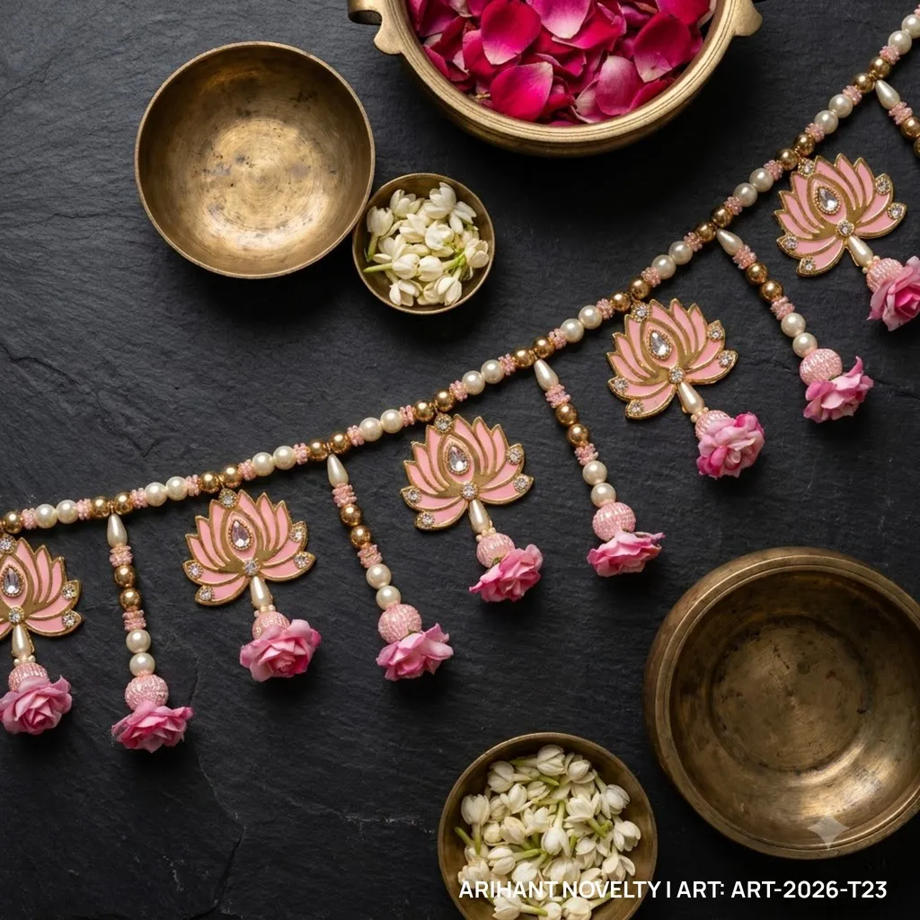 Gold Lotus Pink Rose Pearl Toran – handmade Toran rakhi from Bikaner by Arihant Novelty