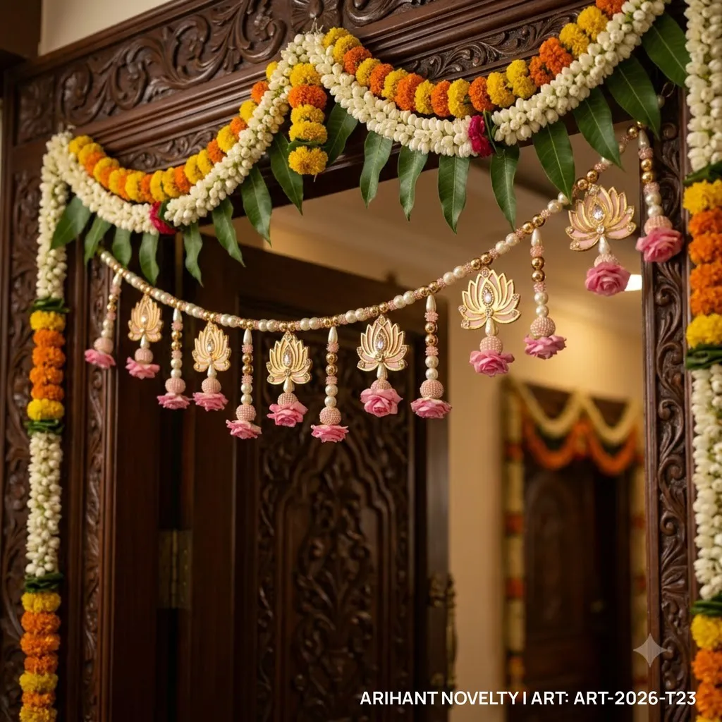 Gold Lotus Pink Rose Pearl Toran – handmade Toran rakhi from Bikaner by Arihant Novelty