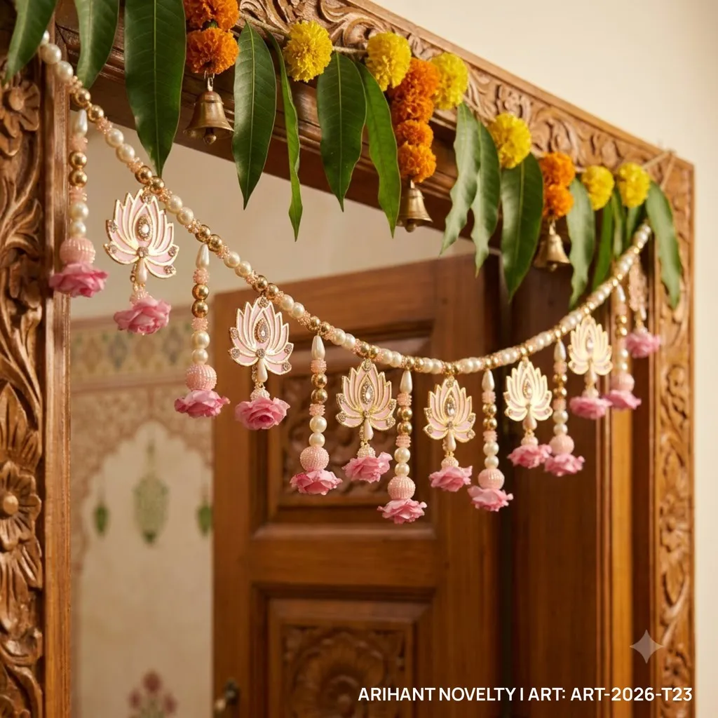 Gold Lotus Pink Rose Pearl Toran – handmade Toran rakhi from Bikaner by Arihant Novelty