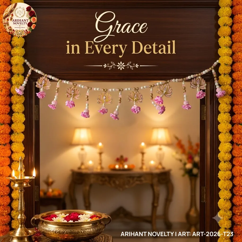 Gold Lotus Pink Rose Pearl Toran – handmade Toran rakhi from Bikaner by Arihant Novelty