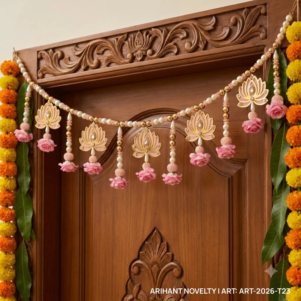 Gold Lotus Pink Rose Pearl Toran – handmade Toran rakhi from Bikaner by Arihant Novelty