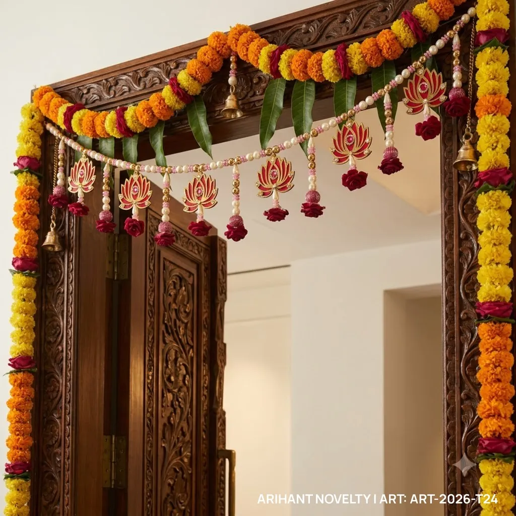 Maroon Lotus Red Rose Pearl Toran
