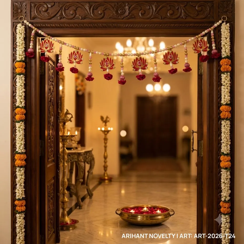 Maroon Lotus Red Rose Pearl Toran