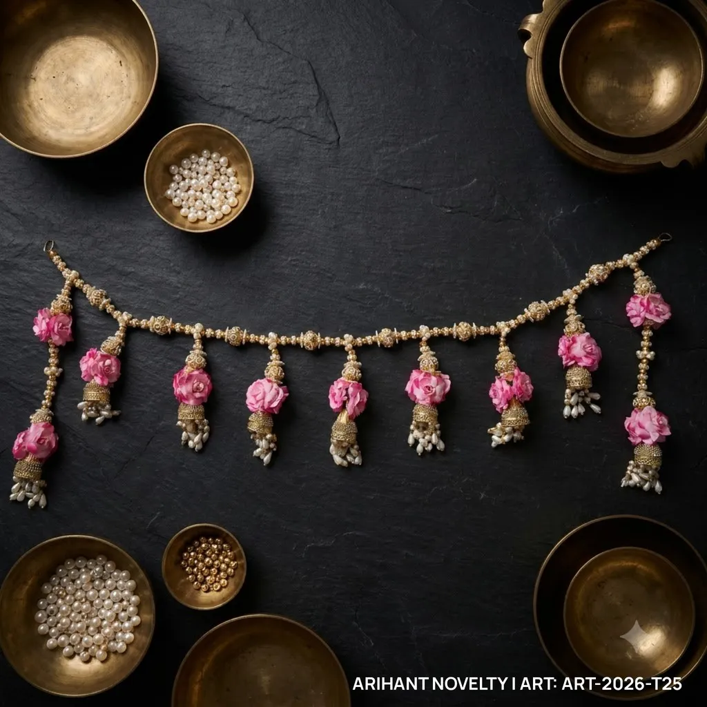 Pink Rose Pearl Jhumka Toran – handmade Toran rakhi from Bikaner by Arihant Novelty