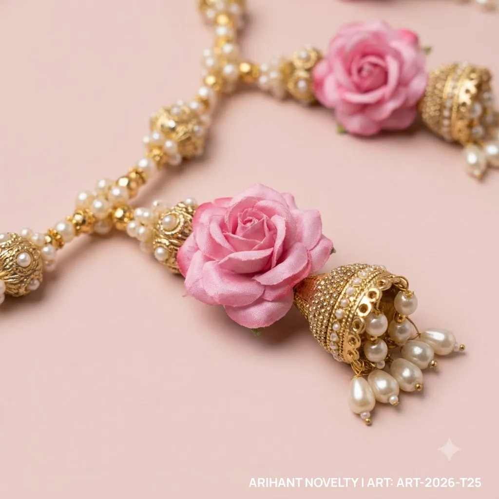 Pink Rose Pearl Jhumka Toran – handmade Toran rakhi from Bikaner by Arihant Novelty