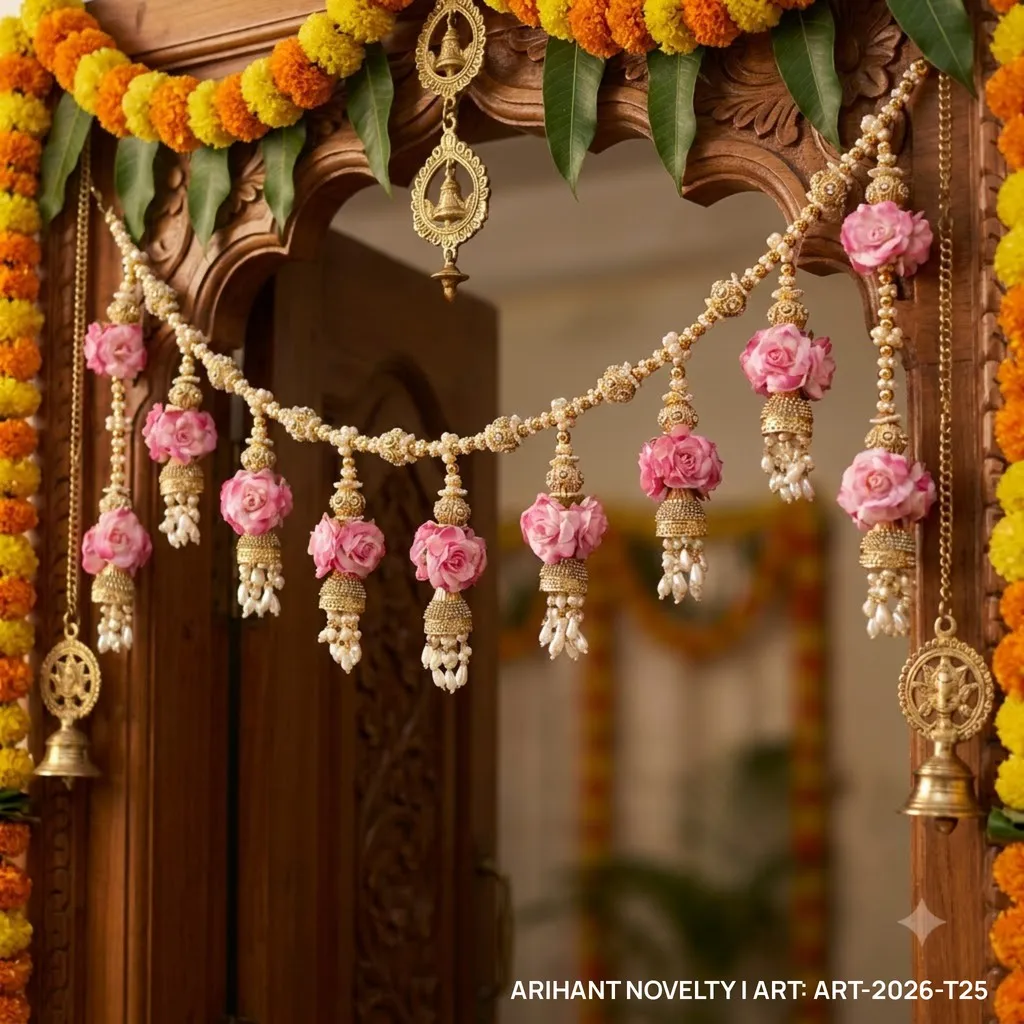 Pink Rose Pearl Jhumka Toran – handmade Toran rakhi from Bikaner by Arihant Novelty