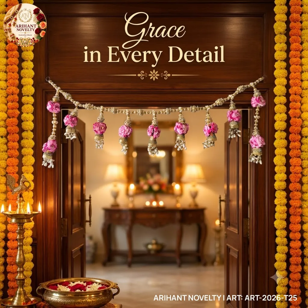 Pink Rose Pearl Jhumka Toran – handmade Toran rakhi from Bikaner by Arihant Novelty