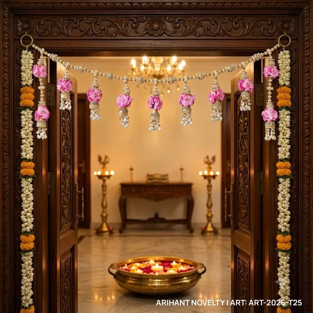 Pink Rose Pearl Jhumka Toran – handmade Toran rakhi from Bikaner by Arihant Novelty