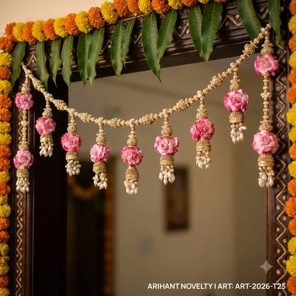 Pink Rose Pearl Jhumka Toran – handmade Toran rakhi from Bikaner by Arihant Novelty