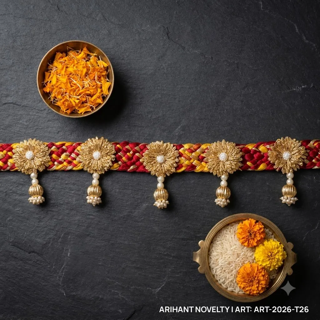 Braided Gold Zari Flower Toran – handmade Toran rakhi from Bikaner by Arihant Novelty
