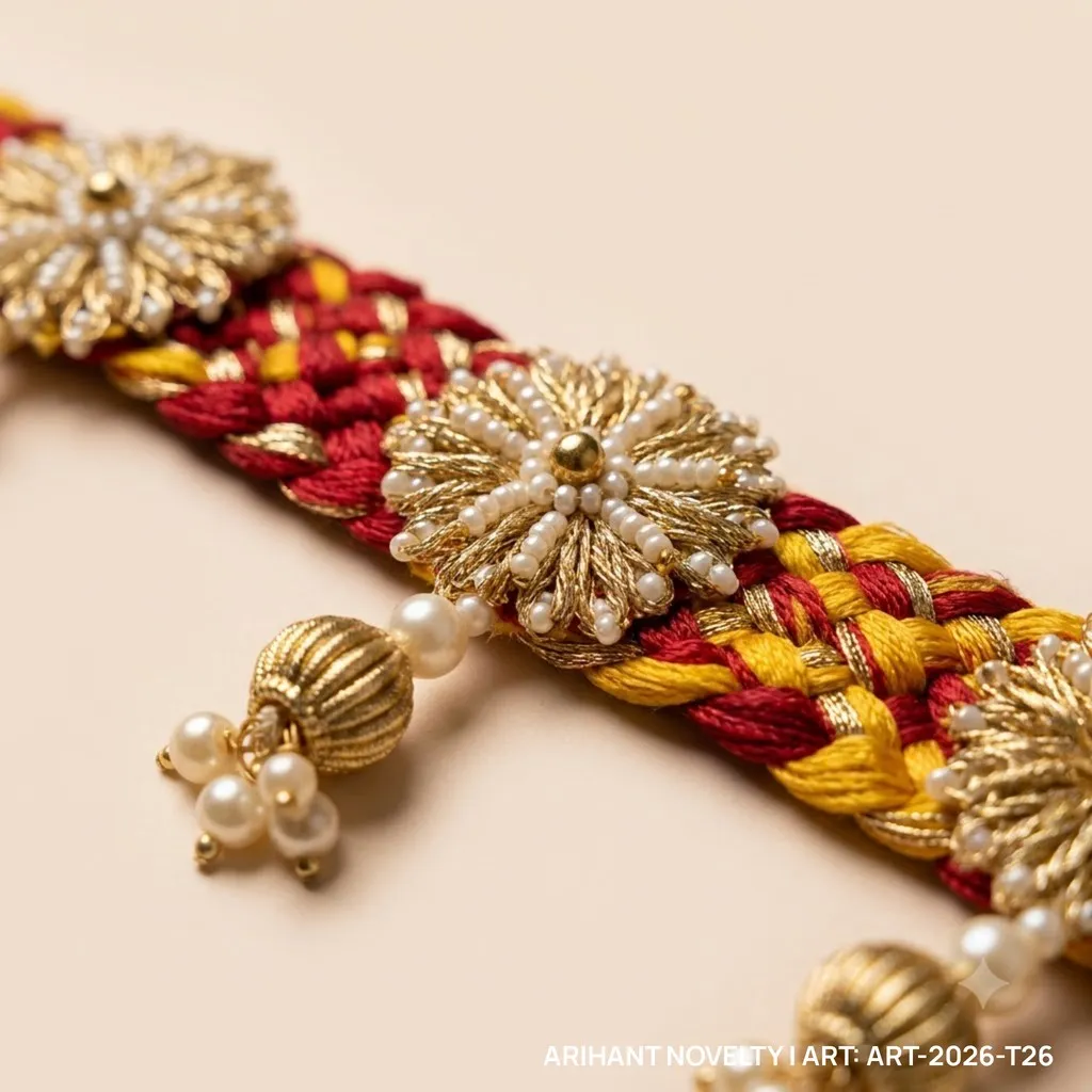 Braided Gold Zari Flower Toran – handmade Toran rakhi from Bikaner by Arihant Novelty