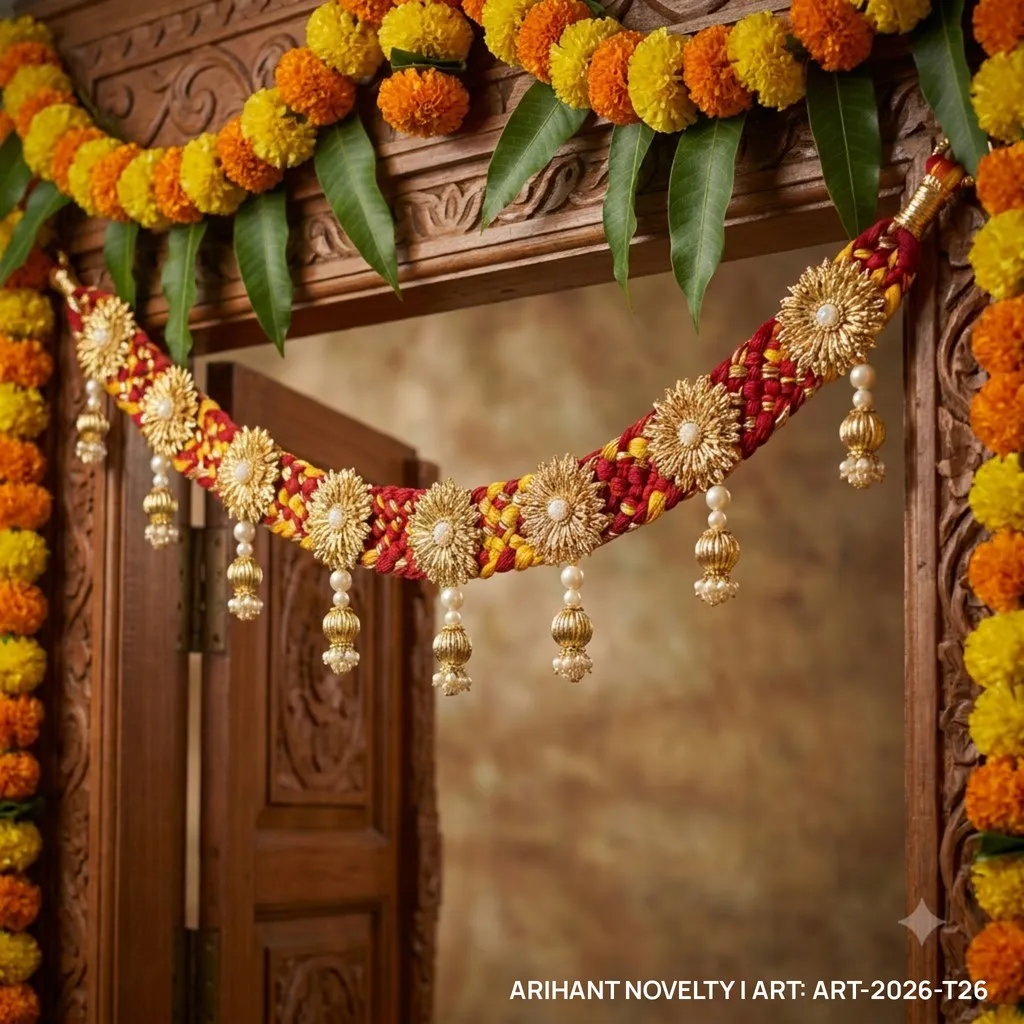 Braided Gold Zari Flower Toran – handmade Toran rakhi from Bikaner by Arihant Novelty