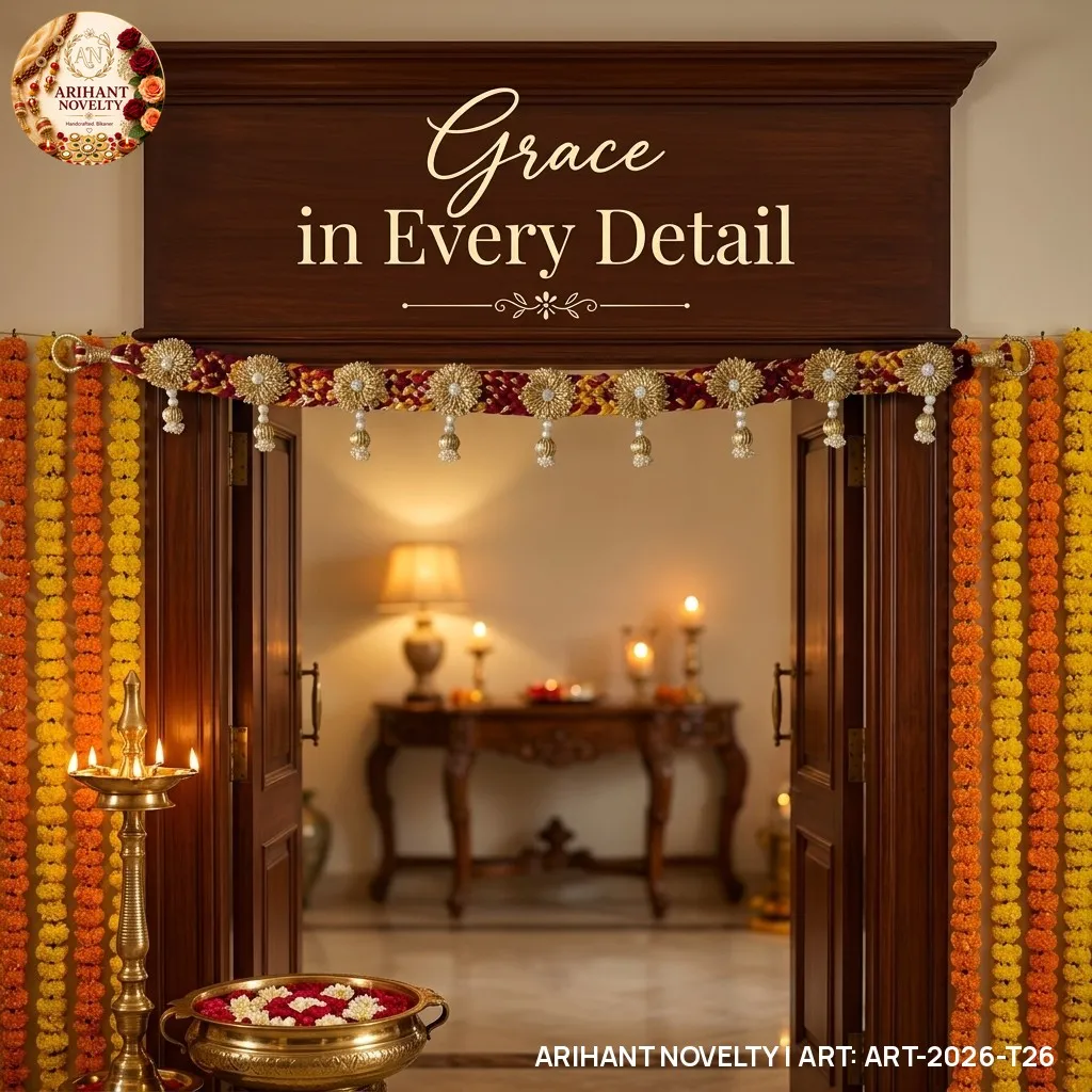 Braided Gold Zari Flower Toran – handmade Toran rakhi from Bikaner by Arihant Novelty