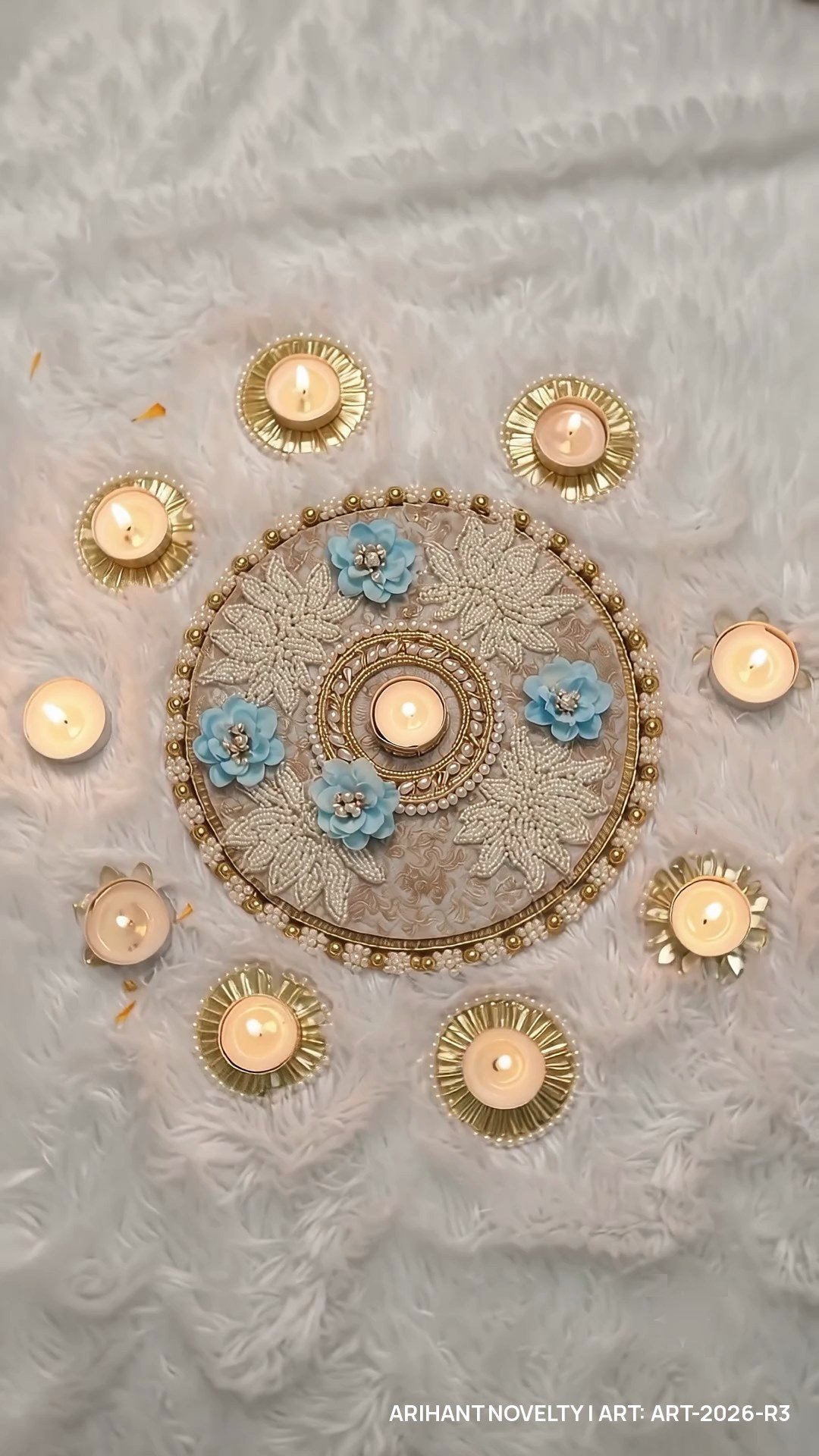 Reusable Ivory Pearl Lotus Rangoli with Sky-Blue Flowers video